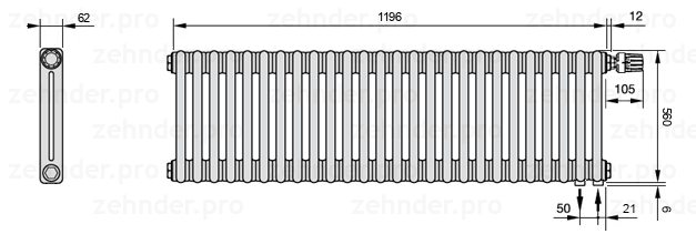 Схема (чертеж) Радиатор Zehnder Charleston 2056/26 №V002 Белый глянцевый RAL 9016